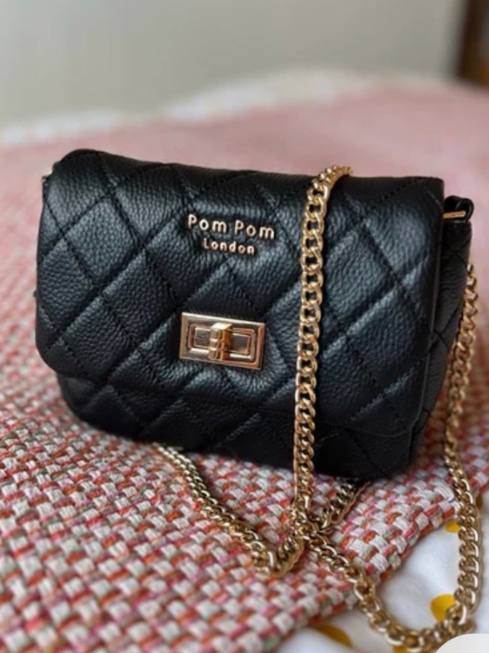 Quilted Black Crossbody Pom Pom Bag with Gold Chain